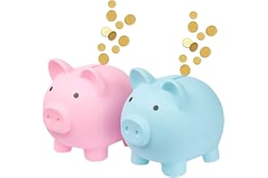 IWILCS 2pcs Plastic Unbreakable Pig Money Box Coin Bank, Cute Piggy Bank Plastic Saving Coin Box for Boys Girls Kids(Blue, Pink, M)