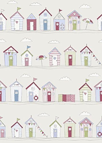 Beach Huts Seaside Novelty Curtain Upholstery Fabric - Sold by the Meter (Pink)