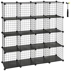 SONGMICS 16 Cubes de Rangement en Treillis Metallique, Placard, Armoire avec Étageres Modulaires, Noir LPI44H