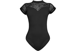 KORHLEOH Women Turtleneck Short Sleeve Dance Ballet Leotard With Durable Lace Adult Gymnastic Dancewear