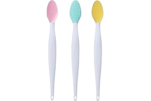 Mebamce 3pcs Soft Silicone Exfoliating Lip Brush Tool Double-sided Lip Brush Cleaning Lip Brush Face Cleaning Applicator for Plump Smoother and Fuller Lip Appearance (Pink, Yellow, Green)