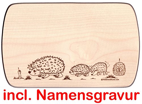 Frühstücksbrettchen 24 x 15 cm Name Igel Igelfamilie Holzbrettchen aus einem Stück inclusive Gravur eines Vornamens Vesperbrett Brotzeitbrett Jausenbrett