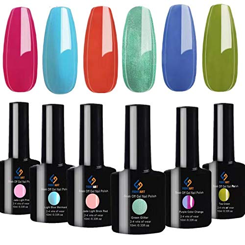 FIGHTART Set di 6 smalti in gel soak off, con brillantini, cambia colore perla, blu, rosa, viola, verde