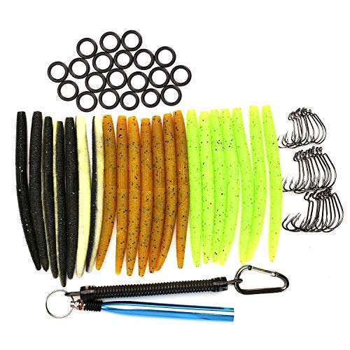HILLPOW-Kit de Señuelo con Cebo Artificiales Wacky Worm Kit Senko Soft Baits 82 Piezas Todo en Uno