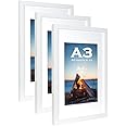 White Wooden Picture Frame A3 with Mat,Set of 3, Mount for A4 Picture or Certificate,Wall Mountable