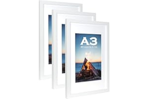 SCHOLAR TREE White Wooden Picture Frame A3 with Mat,Set of 3, Mount for A4 Picture or Certificate,Wall Mountable
