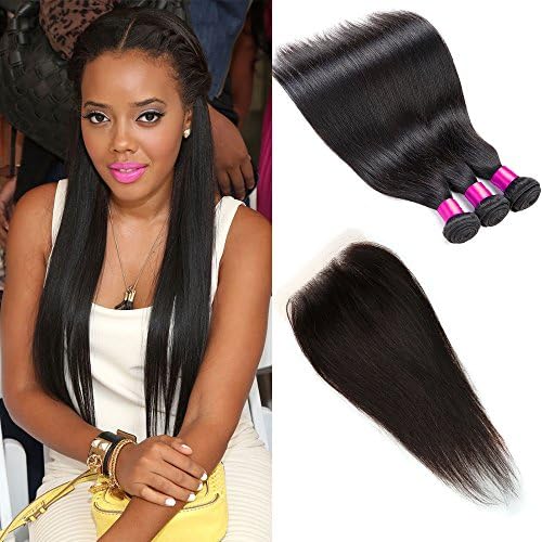 CGG Brazilian Straight Hair 3 Bundles with Closure 10A Brazilian Human Hair Extensions Straight Hair Bundles with Lace Closure Natural Black (14" 16" 18" +12" Free Part Closure)