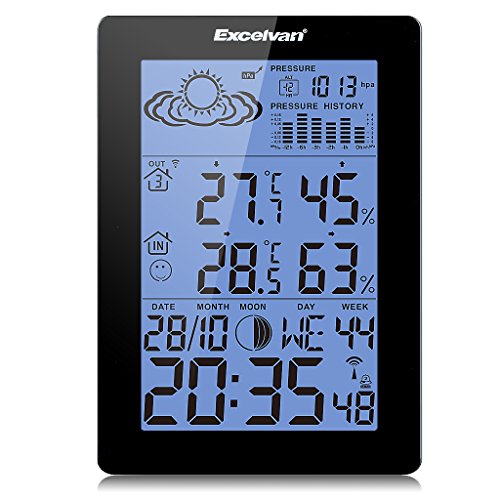EXCELVAN Funkwetterstation wetterstation LCD Tabla Thermometer Außensensormit Präzisionsvorhersage Temperatur Feuchte Mond Barometer Schwarz - 8