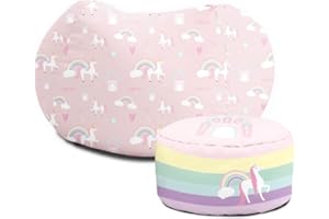 rucomfy Beanbags Printed Mini Slouchbag Bean Bag - Childrens Playroom, Bedroom - Machine Washable - Arrives Pre-Filled (Unicorn Castle with Matching Footstool)