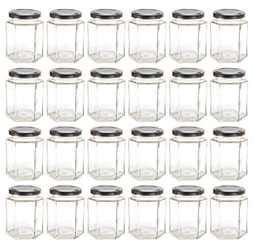 Minigläser mit Schraubverschluss 24er Set eckig 190ml silberner Deckel Einmachglas klein Gewürzglas sechseckig Marmeladengläser Vorratsglas Honiggläser mini Probiergläser Einweckglas klein hexagonal