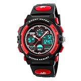 Amstt Unisex Sport Kinder Dual Time Digital LED-Licht Wasserdichte Alarm Armbanduhr (Rot)