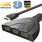 HDMI Switcher 4K,3 Input 1 Output HDMI Switch Splitter 4K with .50M/1.8FT Pigtail HDMI Cable, Supports 4K, Full HD1080p, 3D