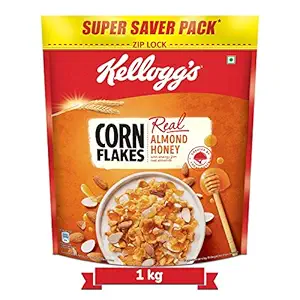Kelloggs Corn Flakes Real Almond Honey | Breakfast Cereals | High in Vitamin B1, B2, B3, B6 & C| High in Iron | Naturally Cholesterol Free | 1 kg Pack