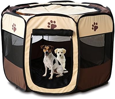Portable Folding Fabric Pet Play Pen Puppy Dog Cat Rabbit Guinea Pig Playpen Run Playpen Crate Cage Kennel Play Ten(S, Coffee)