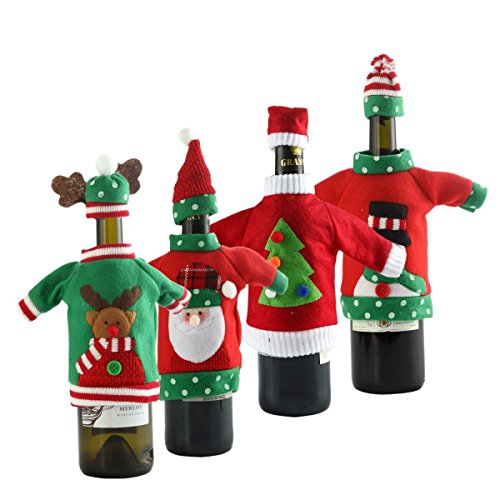 QILICZ Couverture De Bouteille De Vin De Noël, 4pcs À Tricoter Pull Robe De Bouteille De Vin Santa Reindeer Bonhomme De Neige Bouteille De Vin Couvre Sac