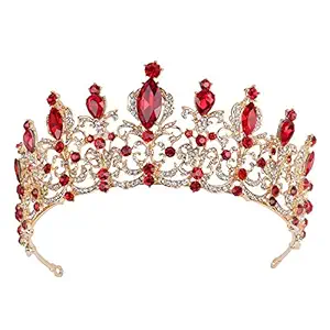 Women Princess Crown Headband Red Crystal Rhinestone Tiara And Crowns Hair Band Jewelry Gold Wedding Bridal Hair Accessories