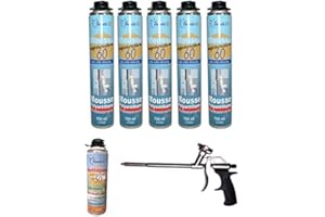 DSTOCK60 - LOT DE 5 MOUSSES PISTOLABLES + 1 PISTOLET + 1 NETTOYANT - MOUSSE EXPANSIVE 750 ML - MOUSSE POLYURÉTHANE PROFESSIONNELLE - ISOLE, COLLE ET REBOUCHE - EXTÉRIEUR ET INTÉRIEUR