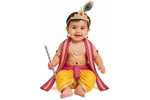 ITSMYCOSTUME Krishna Dress for Baby Boy Kids Set of 10(Dhoti,Patka,Hip Cover,Mukut,Morpankh,Bansuri,Kamarband,Bajuband,Kundal) Little Krishna Ji Kanha Janmasthmi Costume for Kids