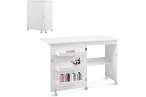 GOPLUS Faltbarer Nähtisch, Versenkbarer Nähmaschinentisch mit Rollen & Tür, Klappbarer Nähschrank für Nähmaschine, Nähmaschinenschrank für Wohnzimmer Arbeitszimmer Schlafzimmer (Weiß)