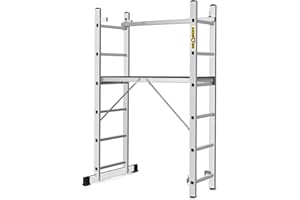 DRABEST Escalera de Aluminio 3 en 1 - Escalera de Tijera, Escalera Simple y andamio - 2x6 peldaños - Altura de Trabajo hasta 2,97 m - Plataforma 46x161x14 cm - Capacidad de Carga hasta 150 kg