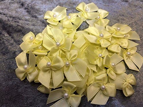 Lemon Plain Satin Ribbon & Pearl Bows Embellishments - 20 per packet