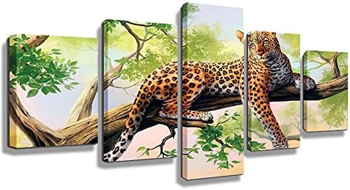 5 Panel Leopard Pictures Oil Painting Wall Decor Canvas Pop Art Cuadros High Defination Prints For Living Room(60"W x 32"H, Framed) CrmOArt