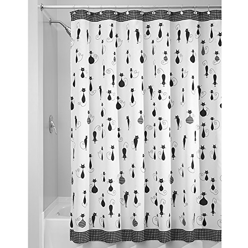 InterDesign SophistiCat Duschvorhang | Vorhang für Badewanne und Dusche| 180,0 cm x 200,0 cm großer Badewannenvorhang mit Katzen-Print| Polyester schwarz/weiß