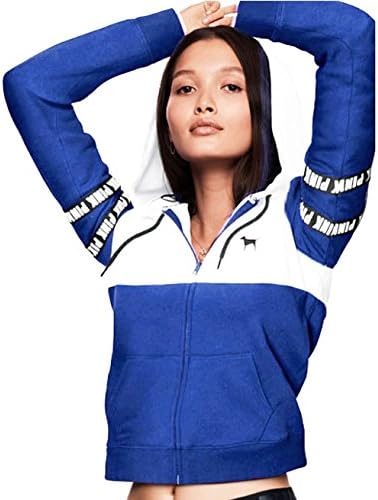 V Secret Pink by Victoria's Secret New Genuine Womens Perfect Full Zip Logo Hoodie Hoody - Blue/White (Large)