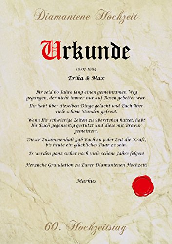 Diamantene Hochzeit Urkunde persönliche Geschenk Karte zum 60. Hochzeitstag Pergament div. A4 Papier Motive - 4