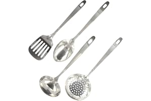 Fackelmann 9908950 Ensemble de 4 ustensiles de cuisine en inox, louche de cuisine, cuillère de service, écumoire, spatule de cuisine, Acier inoxydable, 32,1 x 7,9 x 3 cm, Gris 7