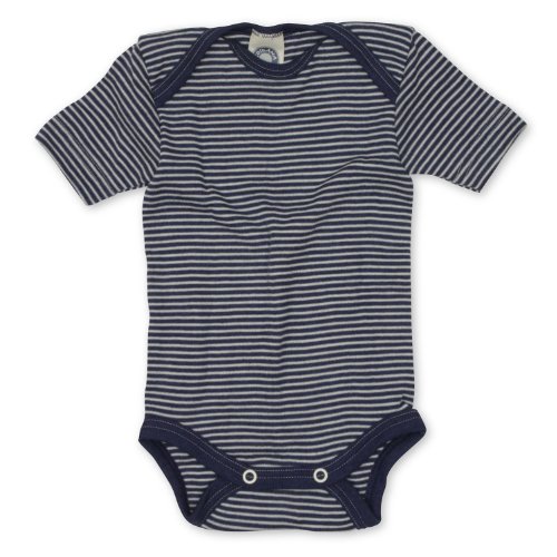 Cosilana - Baby Bodysuit Short Sleeve3-7 months (Height 23-27) (62/68), striped Marine-Natural, 70% Organic Merino Wool, 30% Silk