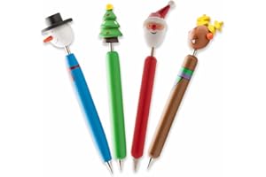 ANTEVIA MATÉRIAUX ANTEVIA Zestaw 4 drewnianych długopisów kulkowych dla dzieci motyw bożonarodzeniowy | Tusz : niebieski | Formy: Bałwan - Jodła - Jeleń - Mikołaj | Kolor: Niebieski Zielony Brązowy Czerwony (Göte)