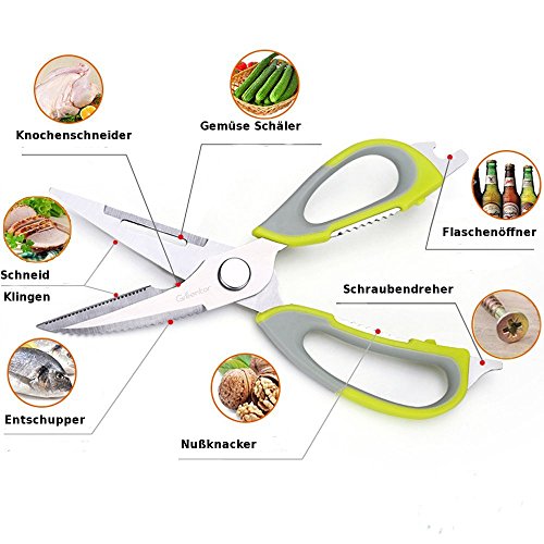 Multifunktions-Küchenschere Edelstahl 7 in 1 | Knochen und Fleisch Schneiden, Obst und Gemüse schälen Fischentschuppen Flaschenöffner Nussknacker ergonomischen weichen rutschfesten Griff leicht zerlegbar und zu reinigen - 2