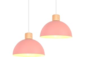iDEGU Pack of 2 Pendant Lamps Retro E27 LED Pendant Light Modern Scandinavian Ceiling Light Made of Metal Wood Pendant Light for Bedroom Dining Room Kitchen Restaurant (25 cm, Pink, 2 Lamps)