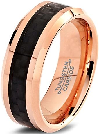 Tungsten Wedding Band Ring 8mm for Men Women Comfort Fit 18k Rose Gold Plated Black Carbon Fiber Beveled Edge Polished Lifetime Guarantee Size Q 1/2