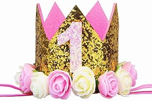 MINGZE Bandeaux Couronne Anniversaire, Bébé Fête Anniversaire Princesse Bandeau de Cheveux Topper Chiffre Fleur Rose Enfants Filles ou Garçons Golden Crown Couronne 1-3 an