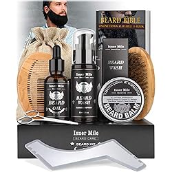 Kit Soins Barbe pour Hommes, Set Outils Complet de Toilettage et Coupe - Shampoing Barbe, Huile Croissance Barbe, Baume, Brosse, Peigne, Ciseaux, Guide Barbe, Meilleurs Cadeaux pour Lui & Papa