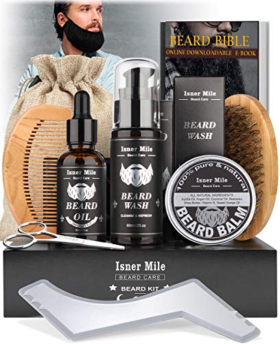 Kit Soins Barbe pour Hommes, Set Outils Complet de Toilettage et Coupe - Shampoing Barbe, Huile Croissance Barbe, Baume, Brosse, Peigne, Ciseaux, Guide Barbe, Meilleurs Cadeaux pour Lui & Papa