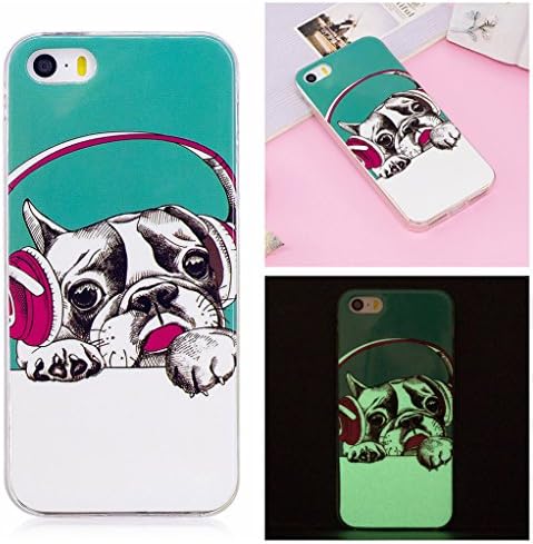 iPhone 5S Luminous Case, Yunbaozi iPhone SE Case New Pattern Soft Silicone Case Transparent Protective Cover * Inner Pattern Never Peel Off * Flexible Smooth Skin TPU Rubber Cover Slim Lightweight Shell Glowing in the Dark * Anti-Shock Anti-Scratch Creative Design Cover for iPhone 5 /5S /SE - Puppy Wearing Headphones