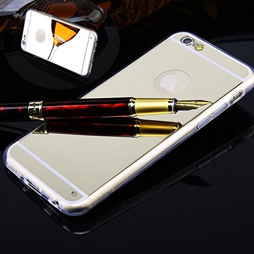 iPhone 6 Plus Hülle, iPhone 6S Plus Spiegel Hülle Mirror Case, Ukayfe Spiegel TPU Schutzhülle Silikon Handyhülle Tasche Case Cover für iPhone 6/6S Plus Gold Plating Silikon Schutzhülle Luxus Glänzend Shiny Kristall Strass Rahmen Slim TPU Handy Gehäuse Hülle Ultradünnen Weiche Soft TPU Telefon-Kasten Handyhülle Mirror Spiegelnd Make Up Protective Case Cover Bumper für iPhone 6/6S Plus 5.5 Zoll- Gold