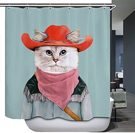 ELLEMOI 3D Digital Printing Polyester Fabric Extra Long Shower Curtain Mildew Water Resistant for Bathroom Washable Include Plastic Curtain Rings (Cowboy Cat 180x200 cm)