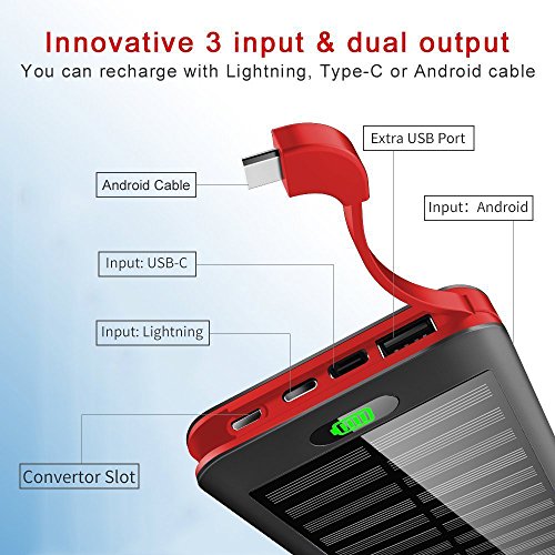 Batterie Externe 16000mAh Power Bank  VNOOKY Chargeur Solaire Portable avec Micro C  ble Int  gr   Port USB et 3 Entr  es  Lightning et Micro et Type 