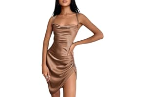 Minetom Femme Robe Courte Moulante Dos Nu sans Manches avec Bretelles Robe Asymétrique avec Plis Fendue en Satin Unicolore Spaghetti Sangle Midi Club Robe