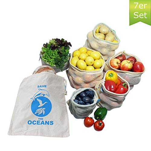 OzeanKonzept 7er Set Obst- und Gemüsebeutel aus Bio-Baumwolle Wiederverwendbare Einkaufsnetz für den plastikfreien Einkauf, Zero Waste - 7er Set 1S, 2M, 2L,1XL, Inkl. Stoffbeutel mit Saisonkalender