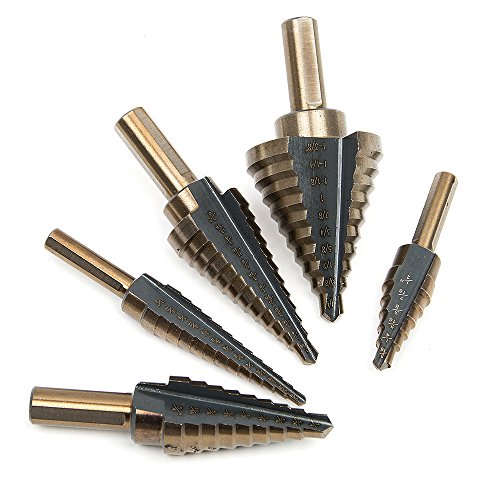 Fortag 5 tlg HSS-Stufenbohrer HSS TITAN Triangle Shank Kaiserpagode Schälbohrer Konusbohrer Metallbohrer Set Kobalt Beschichtung Boherset für Elektrowerkzeug mit Alukoffer Hülle - 2