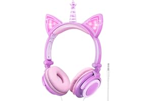 LOBKIN Auriculares para niños, Orejas de Gato con luz LED, Plegables, Ligeros, con Cable de Audio de 3,5 mm para Smartphone, Tablet, iPad, portátil, Ordenador, MP3/4