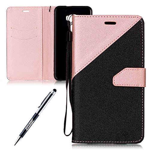 ASUS ZenFone 3 ZE552KL Case, ASUS ZenFone 3 ZE552KL Cover, JAWSEU Luxury Contrast Color Patchwork Premium PU Leather Wallet Flip Cover for ASUS ZenFone 3 ZE552KL Smart Protector Skin Shell with Slim Silicone Case ID Card Slots Kickstand Strap Magnetic Protective Leather Case for ASUS ZenFone 3 ZE552KL + Stylus Pen - Black + Rose Gold
