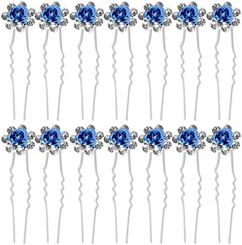 20 PCS Metal Rhinestone U Shaped Hair Pin Rose Flower Hair Pins Bridal Wedding Hair Accessories Blue