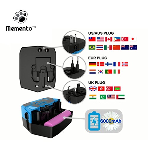 Memento Multifunktionaler Weltraumadapter | ULTIMATE REISE ADAPTER | All-in-One POWER SUPPLY und PLUG CONVERTER mit intelligenter 2.5A FAST CHARGE Ausgabe | Dual USB Ports und eine eingebaute 6000mAh POWER BANK | Gleichzeitiges Wechselstrom- u. USB-Aufladen | Tragbarer USB-WANDSTECKER Kompatibel mit mehr als 150 Ländern, darunter Europa, Großbritannien, USA, Japan, Hongkong, Singapur, Thailand und Australien! (Black) - 8