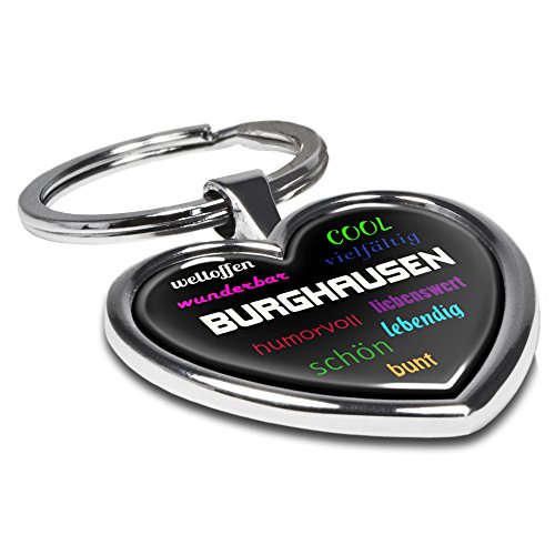Preisvergleich Produktbild digital print Schlüsselanhänger mit Stadtnamen Burghausen - Motiv Positive Eigenschaften - Herz-Schlüsselanhänger, Stadtschlüsselanhänger, personalisierter Anhänger, Herz-Anhänger, Chrom